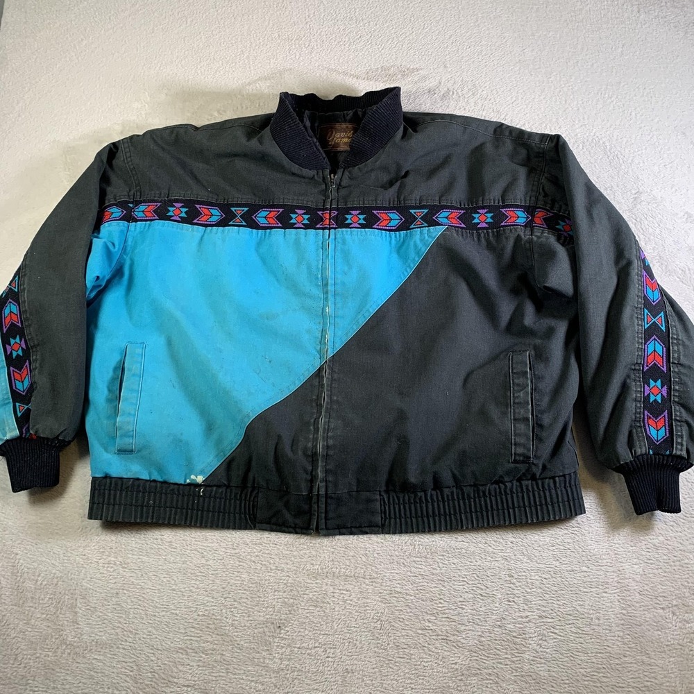 Vintage David James Jacket Mens 2XL Black Blue‎ Aztec Western Bomber USA 80s